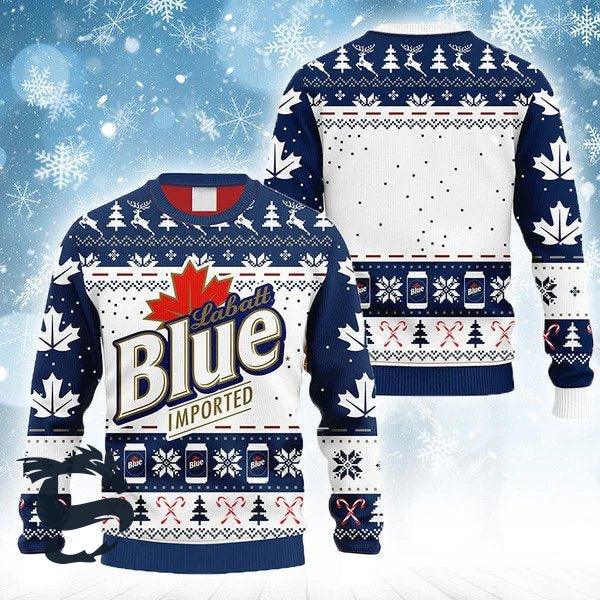 Snowflakes Labatt Blue Beer Ugly Christmas Sweater, Canadian Labatt Blue Imported Ugly Sweater, All Over Print Christmas Crewneck Ugly Sweaters