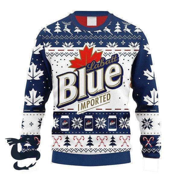 Snowflakes Labatt Blue Beer Ugly Christmas Sweater, Canadian Labatt Blue Imported Ugly Sweater, All Over Print Christmas Crewneck Ugly Sweaters