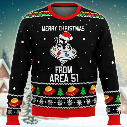 Merry Christmas From Area 51 Ufo Alien Ugly Sweater, Funny Ufo Alien Snowy Ugly Christmas Sweater, Area 51 Christmas Crewneck Knitted Ugly Sweater