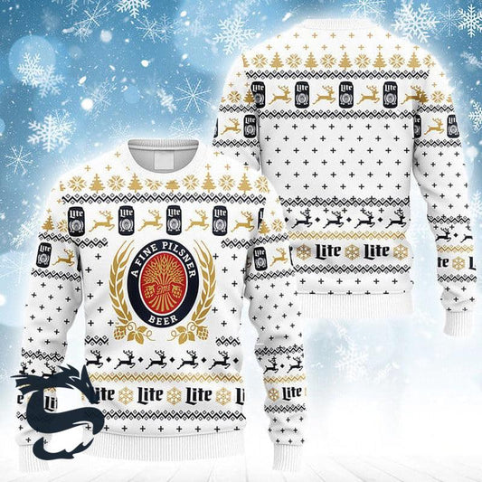 A Fine Pilsner Beer Miller Lite Ugly Christmas Sweater, Snowflakes Miller Lite Ugly Sweater, All Over Print Christmas Holiday Crew Neck Ugly Sweater