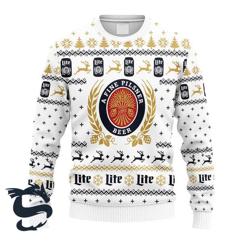 A Fine Pilsner Beer Miller Lite Ugly Christmas Sweater, Snowflakes Miller Lite Ugly Sweater, All Over Print Christmas Holiday Crew Neck Ugly Sweater