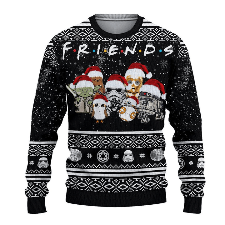 Star Wars Friends Cute Characters Santa Hats Ugly Sweater, Cute Star Wars Snowy Christmas Ugly Sweater, Star Wars Xmas Holiday Crewneck Ugly Sweater