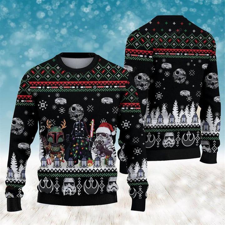 Star Wars Christmas Pattern All-over Printed Ugly Sweater, Star Wars Characters Christmas Ugly Sweater, Star Wars Xmas Crew Neck Knitted Sweater