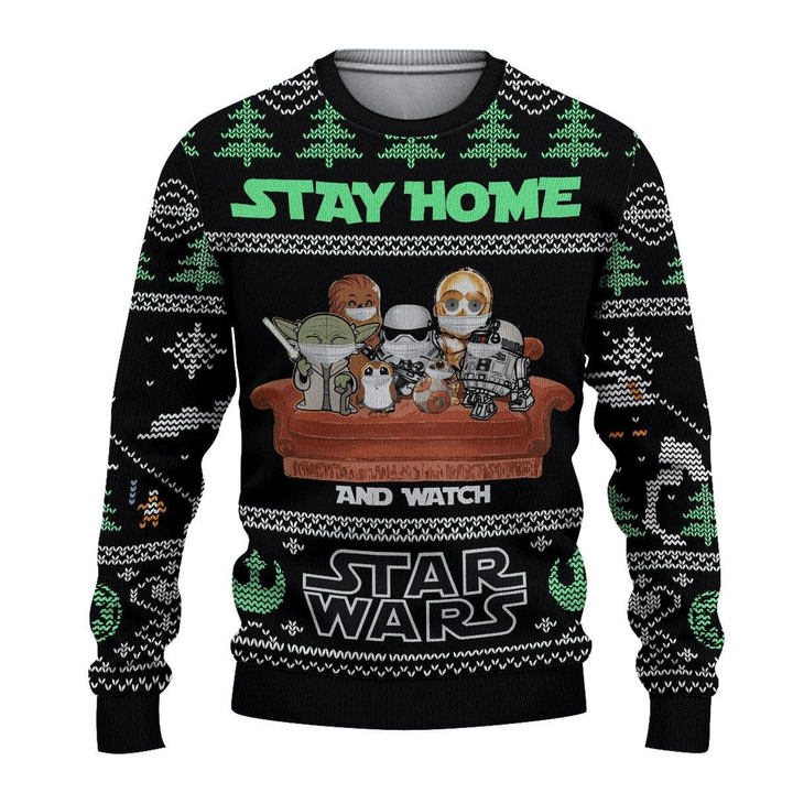 Stay Home & Watch Star Wars Ugly Xmas Sweater, Star Wars Movie Characters Social Distancing Ugly Sweater, Star Wars Crewneck Knitted Ugly Sweater