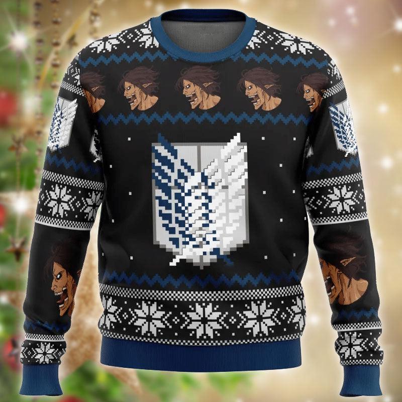 Survery Corps Attack On Titan Ugly Christmas Sweater, Aot Survery Corps Logo Black Christmas Ugly Sweater, Attack On Titan Knitted Ugly Sweater