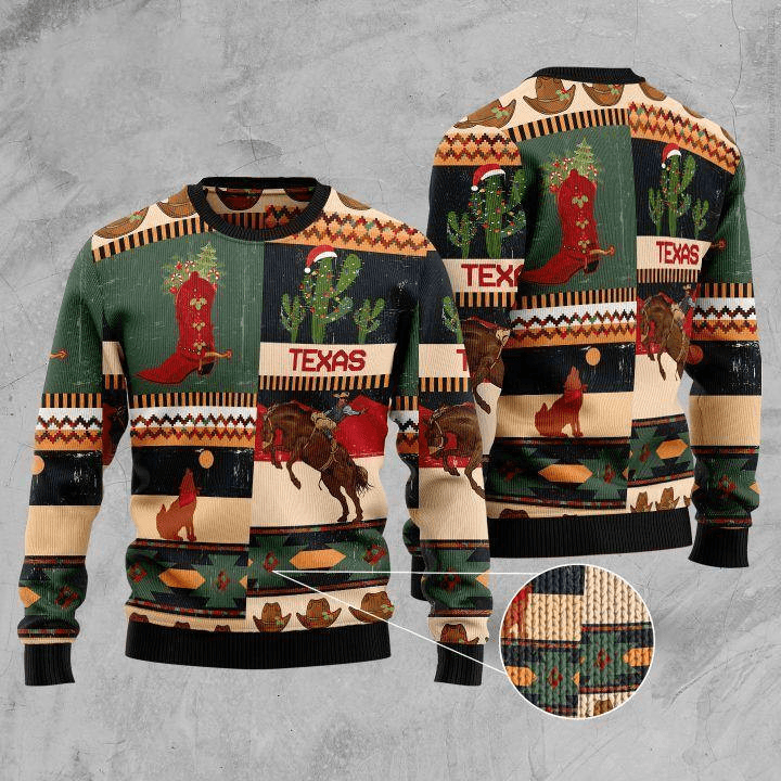 Christmas Texas Ugly Christmas Sweater, Western Cowboy Desert Cactus All-over Print Ugly Sweater, Texas Christmas Crewneck Knitted Ugly Sweaters