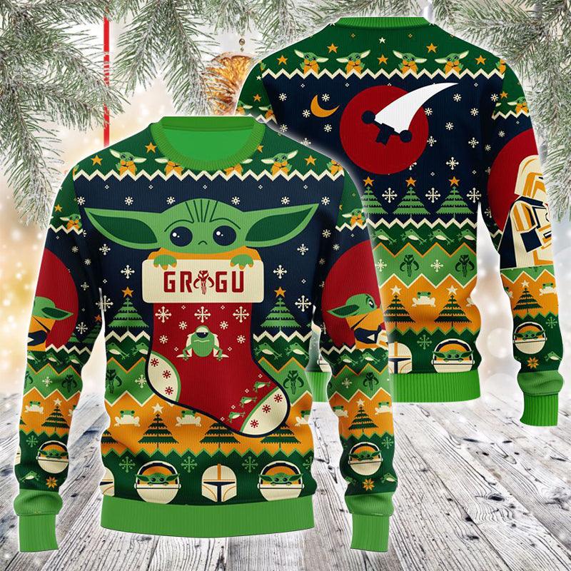 The Mandalorian Baby Yoda Grogu Ugly Christmas Sweater, Star Wars Baby Yoda Christmas Ugly Sweater, All Over Print Xmas Crew Neck Ugly Sweater