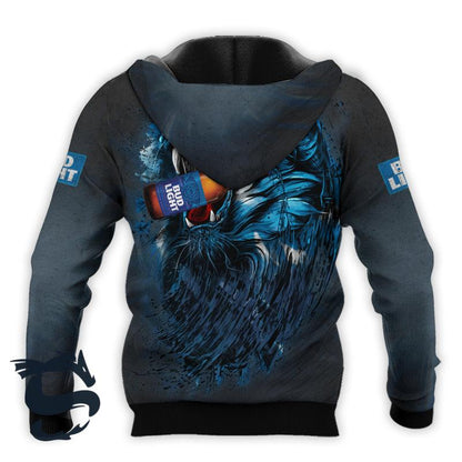 The Roaring Lion Bud Light Beer 3D Hoodie, Bud Light Dark Bkue Pullover Hooded Sweatshirt, Bud Light Beer 3D All Over Prints Unisex Zip Hoodie