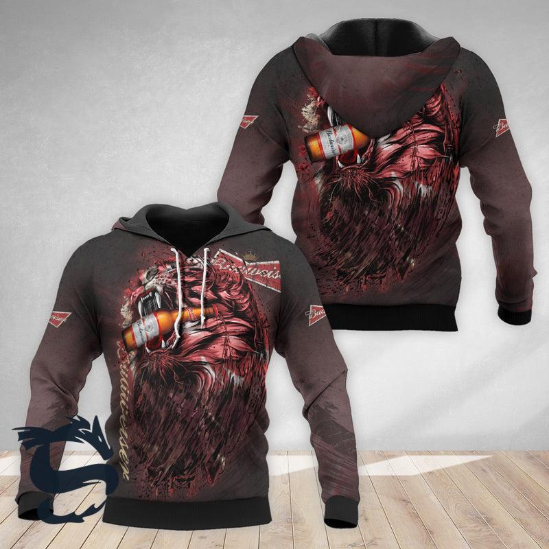 The Roaring Lion Budweiser Beer 3d Hoodie, Black Red Budweiser Pullover Hooded Sweatshirt, Budweiser Beer 3d All Over Prints Unisex Zip Hoodie