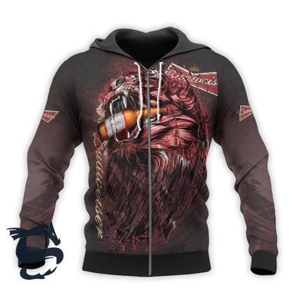 The Roaring Lion Budweiser Beer 3D Hoodie, Black Red Budweiser Pullover Hooded Sweatshirt, Budweiser Beer 3D All Over Prints Unisex Zip Hoodie