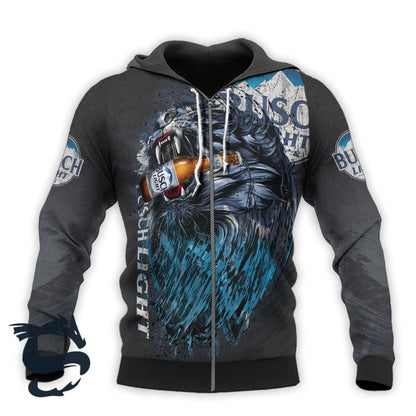 The Roaring Lion Busch Light Beer 3D Hoodie, Busch Light Black Pullover Hooded Sweatshirt, Busch Light Logo All Over Prints Unisex Zip Hoodie