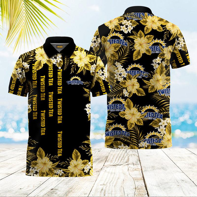 Golden Twisted Tea Tropical Flower All Over Print Polo Shirt, Hibiscus Twisted Tea Black Golf Polo Shirt, Twisted Tea Logo Print Men's Polo Shirt
