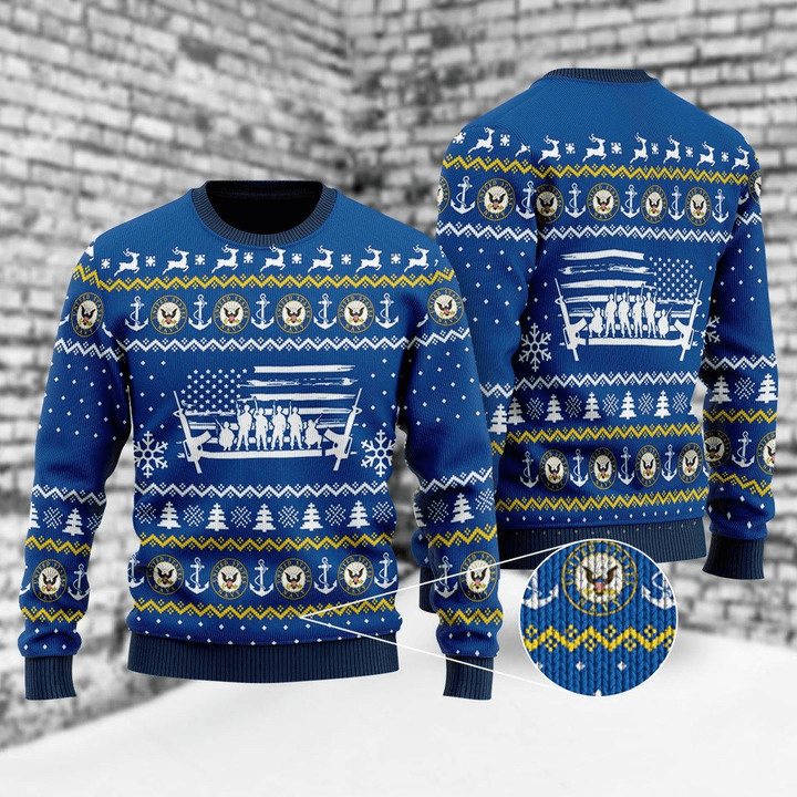 U.s Navy Ugly Christmas Sweater For Men And Women, U.s Navy Blue Christmas Ugly Sweater, U.s Navy Logo All-over Printed Crew Neck Ugly Sweater