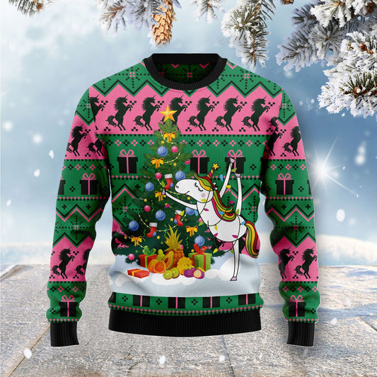 Xmas Unicorn With Pine Tree Ugly Christmas Sweater, Unicorn All-over Print Christmas Ugly Sweater, Unicorn Xmas Crewneck Knitted Ugly Sweater