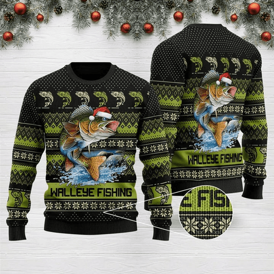 Walleye Fishing Ugly Christmas Sweater, Walleye Fish With Santa Hat Christmas Ugly Sweater, Walleye Fishing Xmas Crew Neck Knitted Ugly Sweater