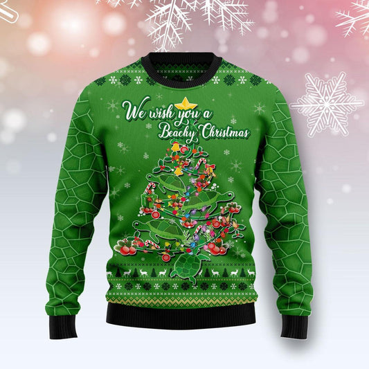 We Wish You A Beachy Christmas Turtles Green Ugly Sweater, Turtle Christmas Tree All-over Print Ugly Sweater, Turtle Xmas Knitted Ugly Sweater