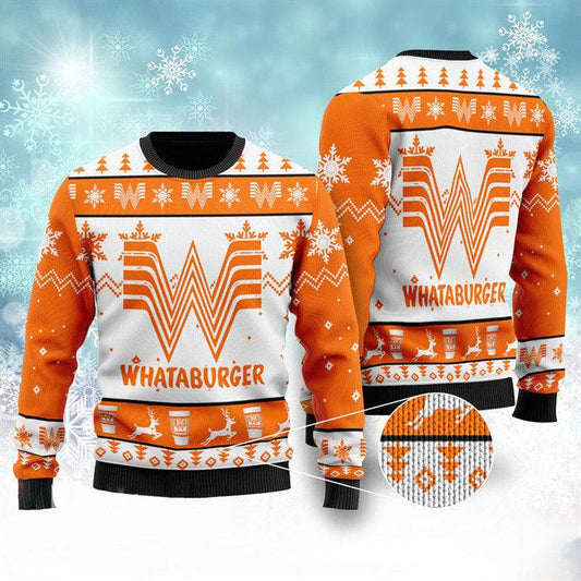 Whataburger Fast Food Ugly Christmas Sweater, Whataburger Fast Food Lovers Ugly Sweater, Whataburger Logo All Over Print Xmas Crew Neck Ugly Sweater