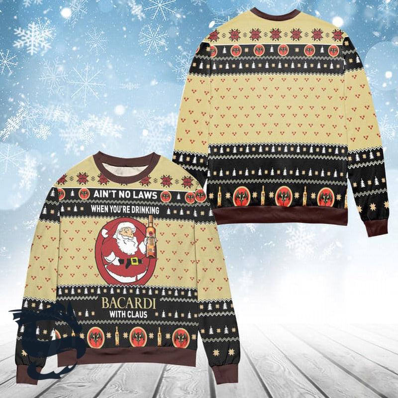 Funny Drinking Bacardi With Santa Claus Ugly Sweater, Bacardi Rum Aop Ugly Christmas Sweater, Bacardi Rum Christmas Crewneck Knitted Ugly Sweater