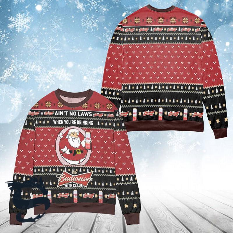 Funny Drinking Budweiser With Santa Claus Ugly Sweater, Budweiser Beer Red Ugly Christmas Sweater, Budweiser Xmas Crewneck Knitted Ugly Sweaters