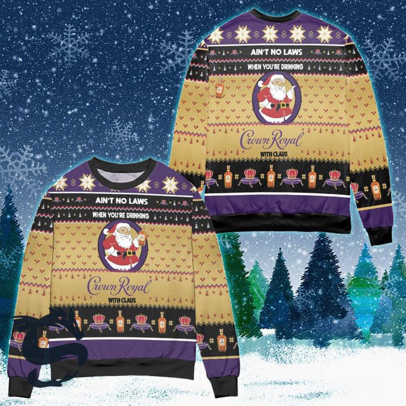 Funny Drinking Crown Royal With Santa Claus Ugly Sweater, Crown Royal Whiskey Aop Ugly Christmas Sweater, Crown Royal Crewneck Knitted Sweater