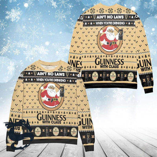 Funny Drinking Guinness With Santa Claus Ugly Sweater, Guinness Beer Aop Ugly Christmas Sweater, Guinness Beer Christmas Crewneck Knitted Sweater