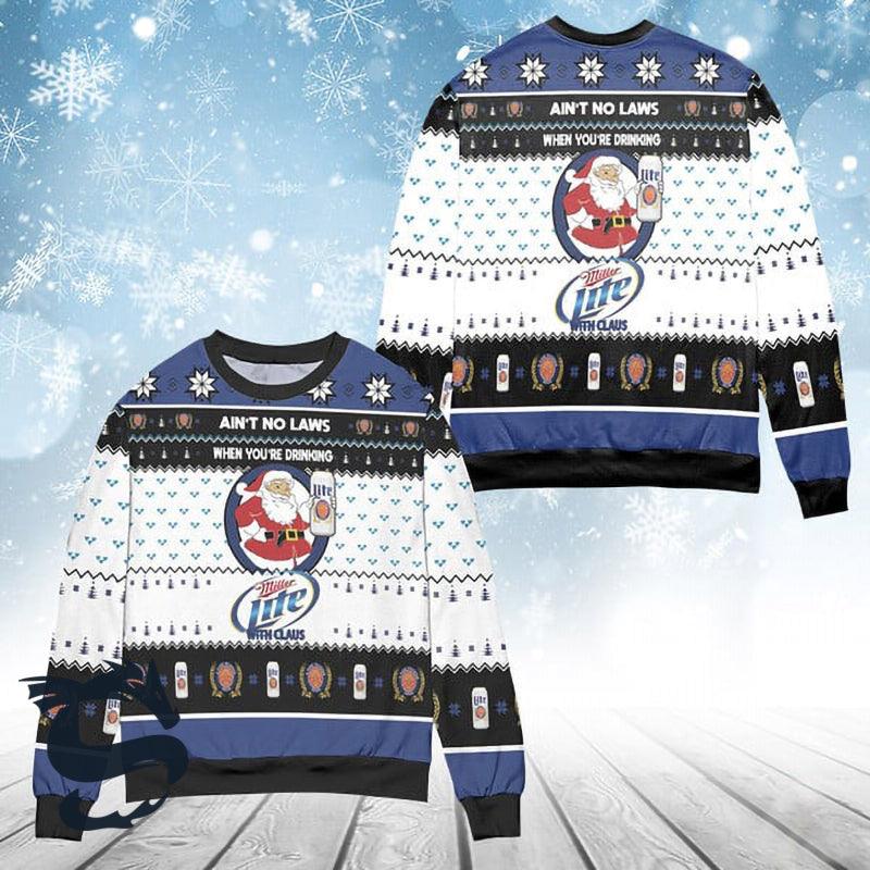 Funny Drinking Miller Lite With Santa Claus Ugly Sweater, Miller Lite Beer Aop Ugly Christmas Sweater, Miller Lite Beer Crewneck Knitted Sweaters