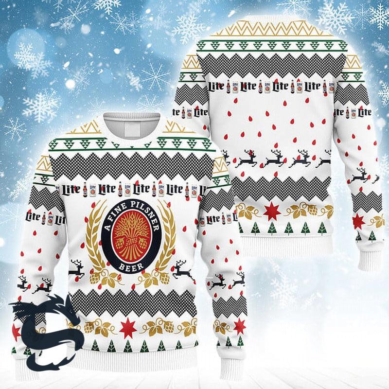 Miller Lite Beer White Christmas Ugly Sweater, Cozy Miller Lite Beer Ugly Christmas Sweater, Miller Lite Beer Lovers Christmas Crew Neck Sweater