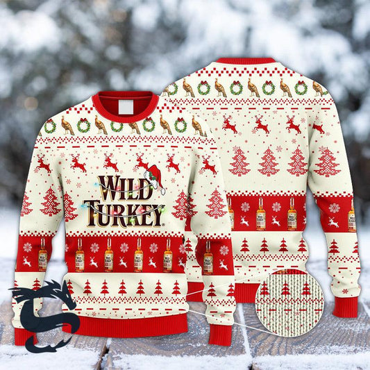 Wild Turkey Whiskey Santa Hat Ugly Christmas Sweater, Wild Turkey Whiskey Reindeer Snowy Xmas Ugly Sweater, Wild Turkey Xmas Crew Neck Ugly Sweater