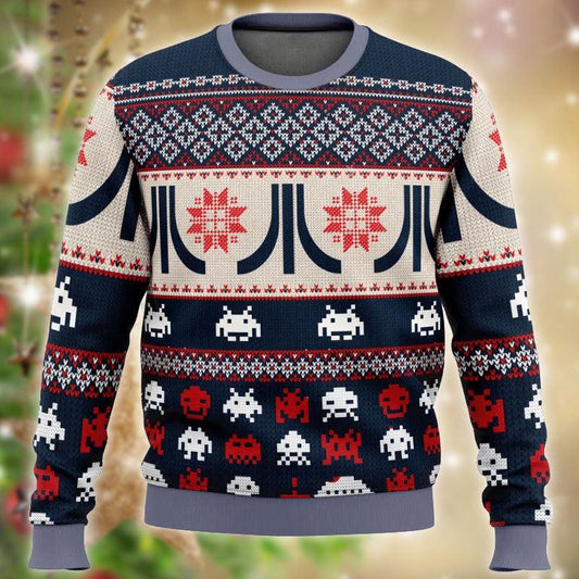 Xmas Classic Atari Logo Ugly Christmas Sweater, Atari Classic Game Lovers Christmas Ugly Sweater, Atari Logo Christmas Holiday Crew Neck Ugly Sweater