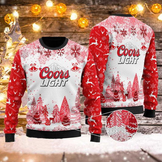 Christmas Red Coors Light Snowy Ugly Christmas Sweater, Coors Light Beer Christmas Ugly Sweater, Coors Light Beer Christmas Crew Neck Ugly Sweater