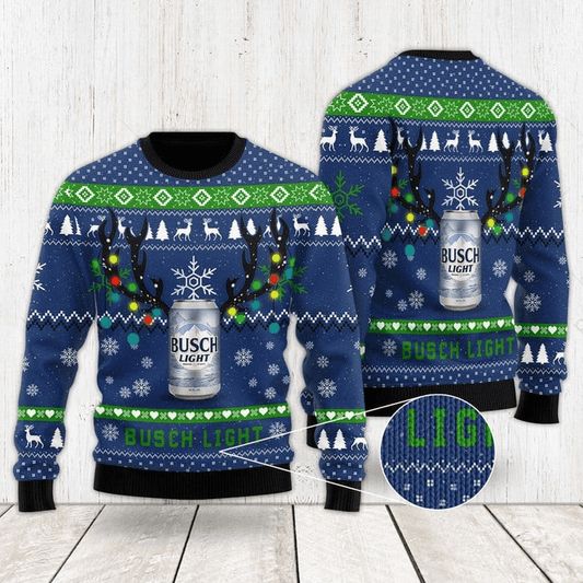 Christmas Light-up Antler Busch Light Ugly Christmas Sweater, Busch Light Beer Lovers Ugly Sweater, All Over Print Christmas Crew Neck Ugly Sweater