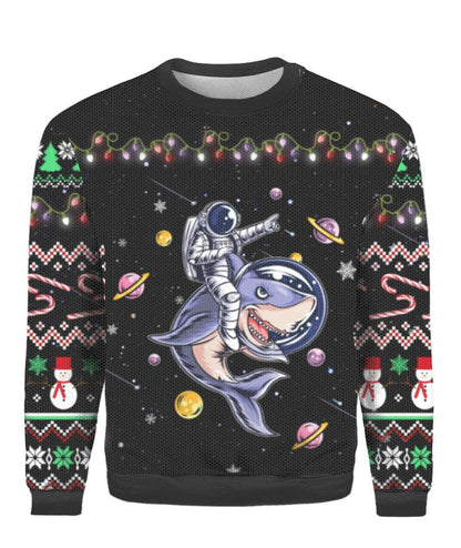 Astronaut Ride A Shark Ugly Christmas Sweater, Christmas In Space Black Ugly Sweater, Astronaut With Shark Xmas Crewneck Knitted Ugly Sweater