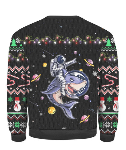 Astronaut Ride A Shark Ugly Christmas Sweater, Christmas In Space Black Ugly Sweater, Astronaut With Shark Xmas Crewneck Knitted Ugly Sweater