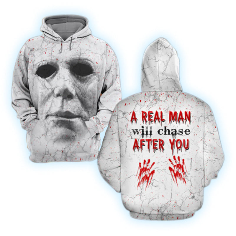 Michael Myers A Real Man Will Chase After You 3D Hoodie, Michael Myers Halloween Pullover Hooded Sweatshirts, Horror Character 3D Printed Hoodies