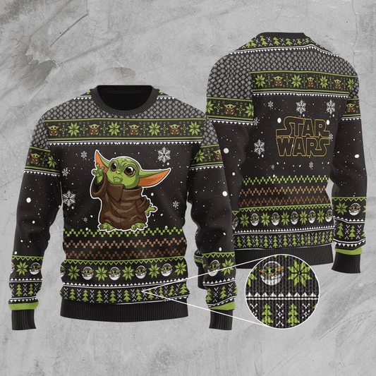 Star Wars Baby Yoda Snowy Ugly Christmas Sweater, The Mandalorian Grogu All-over Printed Ugly Sweater, Baby Yoda Crewneck Knitted Ugly Sweater