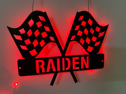 Custom Racing Flag Metal Wall Art With Led Lights, Personalized Racing Flag Go Kart Racing Metal Sign, Man Cave Garage Metal Wall Sign