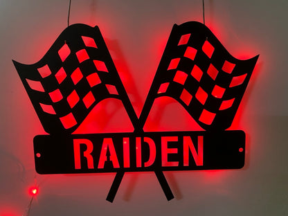 Custom Racing Flag Metal Wall Art With Led Lights, Personalized Racing Flag Go Kart Racing Metal Sign, Man Cave Garage Metal Wall Sign