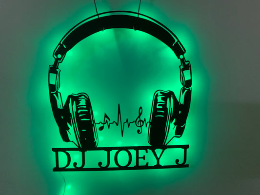 Personalized Headphone Music Studio Metal Wall Art Led Lights, Custom Dj Headphones Metal Name Sign, Musical Musician Room Metal Wall Decor