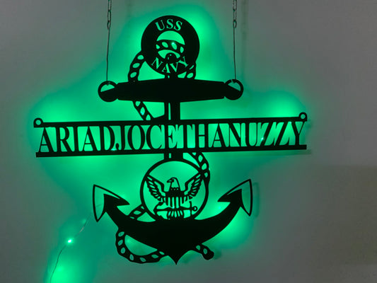 Custom Us Anchor Metal Wall Art With Led Lights, Us Navy Nautical Metal Wall Led Decor, Personalized Anchor Metal Name Sign,