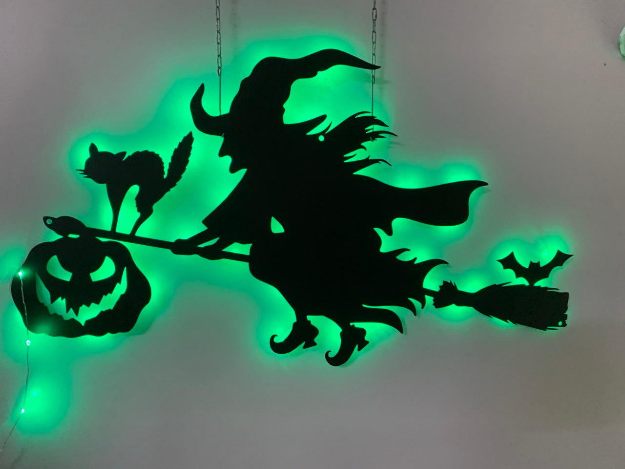 Halloween Wicked Witch On Flying Broom With Led Lights, Haunted House Metal Wall Decor, Spooky Witch Broomstick Metal Name Sign