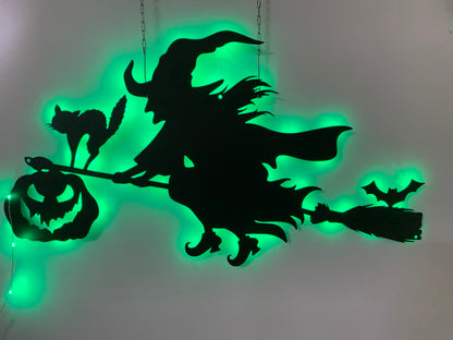 Halloween Wicked Witch On Flying Broom With Led Lights, Haunted House Metal Wall Decor, Spooky Witch Broomstick Metal Name Sign