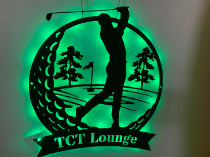 Custom Golfing Metal Wall Art With Led Light, Personalized Golfer Metal Name Sign, 19th Hole Golf Club Patio Metal Led Sign