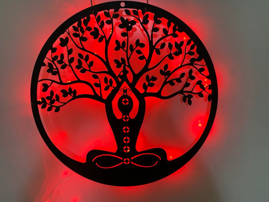 Personalized Meditation Tree Of Life Metal Wall Art With Led Lights, Custom Lotus Meditation Room Metal Wall Sign, Yoga Studio Metal Sign