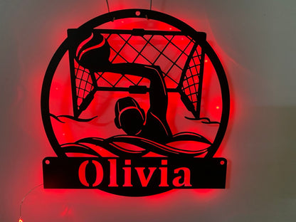 Custom Water Polo Metal Sign With Led Lights, Personalized Water Polo Metal Sign, Water Polo Player Name Sign, Water Sport Metal Led Sign