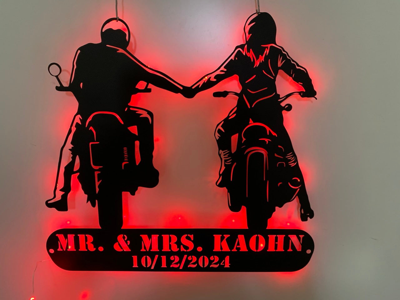 Custom Motocross Biker Couple Metal Wall Art Led Light, Personalized Dirt Bike Metal Name Sign, Motorcycle Rider Man Cave Metal Wall Sign