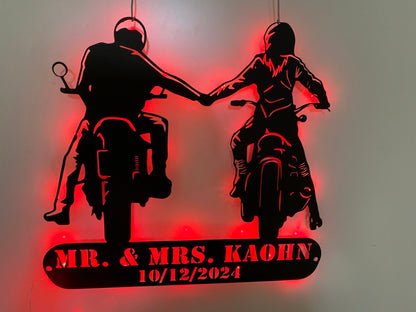 Custom Motocross Biker Couple Metal Wall Art Led Light, Personalized Dirt Bike Metal Name Sign, Motorcycle Rider Man Cave Metal Wall Sign