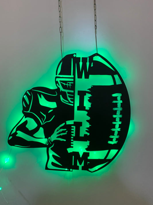 Custom American Football Metal Wall Art With Led Light, Personalized Football Player Metal Name Sign, Football Metal Led Decor