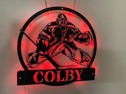 Custom Hockey Goalie Metal Wall Art With Led Lights, Personalized Air Hockey Metal Name Sign, Hockey Player Led Sign Metal Wall Decor