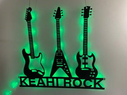 Custom Electric Guitar Metal Wall Art With Led Lights, Personalized Guitarist Metal Name Sign, Guitar Rock Music Metal Wall Led Sign