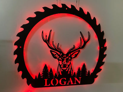 Custom Saw Blade Deer Metal Wall Art With Led Lights, Personalized Deer Hunter Metal Name Sign, Saw Blade Deer Hunting Metal Led Decor